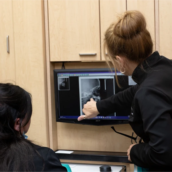 Two people reviewing a dental X-ray displayed on a monitor mounted within a cabinet workstation.